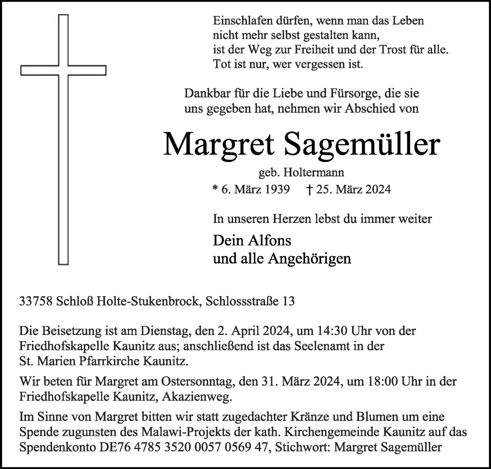  Traueranzeige für Margret Sagemüller vom 28.03.2024 aus Die Glocke
