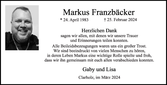 Traueranzeige von Markus Franzbäcker von Die Glocke