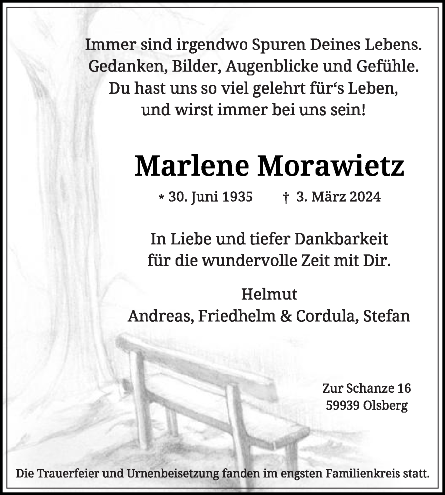  Traueranzeige für Marlene Morawietz vom 19.03.2024 aus Die Glocke