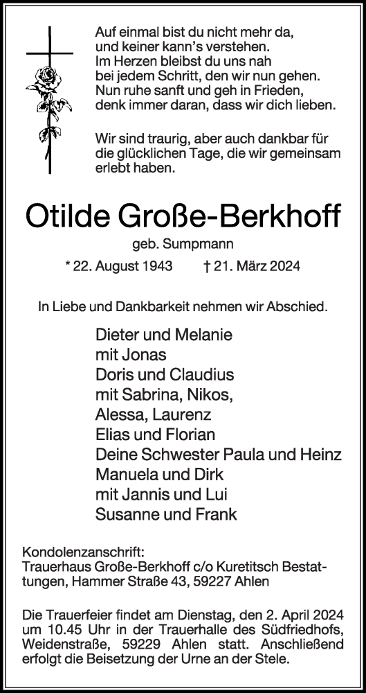 Traueranzeige von Otilde Große-Berkhoff von Die Glocke