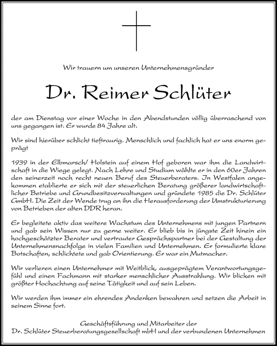Traueranzeige von Reimer Schlüter von Die Glocke