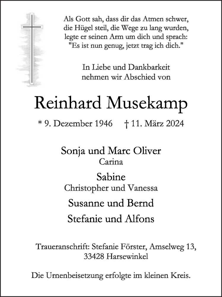  Traueranzeige für Reinhard Musekamp vom 29.03.2024 aus Die Glocke