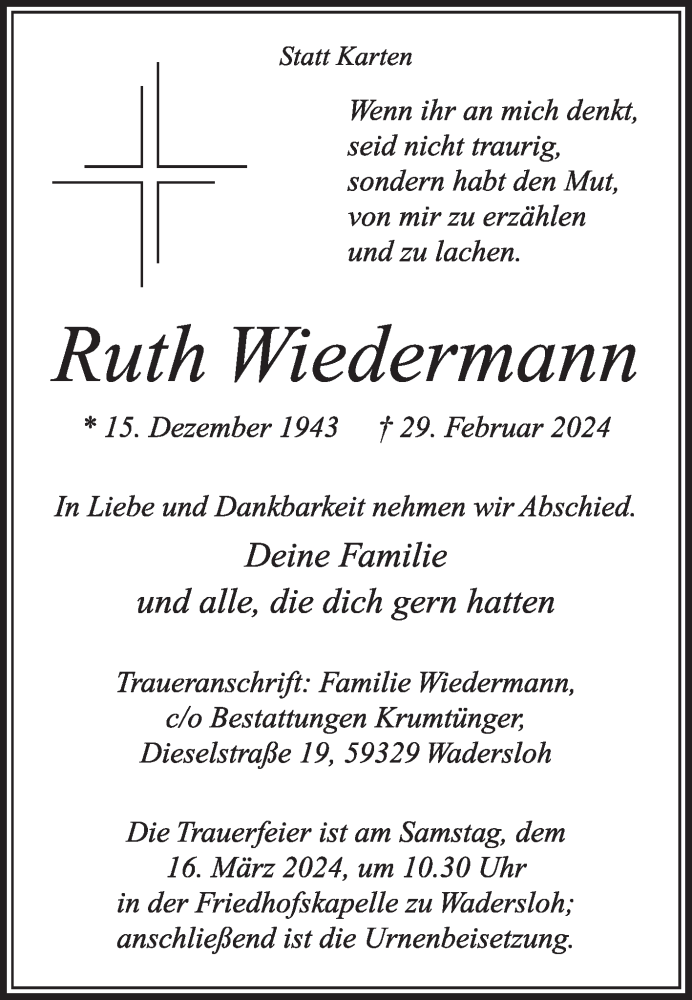  Traueranzeige für Ruth Wiedermann vom 09.03.2024 aus Die Glocke