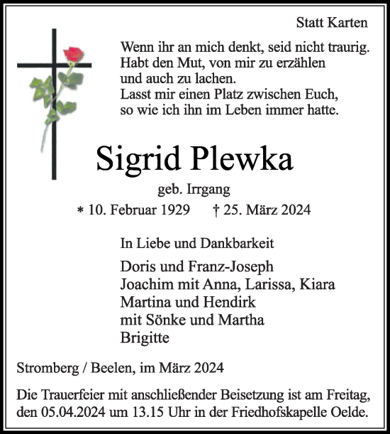 Traueranzeige von Sigrid Plewka von Die Glocke