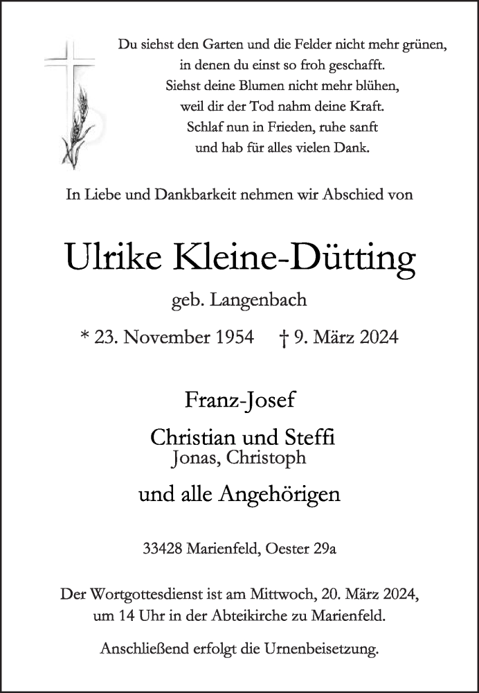  Traueranzeige für Ulrike Kleine-Dütting vom 16.03.2024 aus Die Glocke