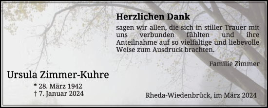 Traueranzeige von Ursula Zimmer-Kuhre von Die Glocke