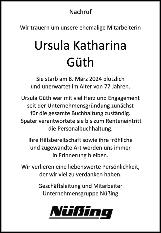 Traueranzeige von Ursula Katharina Güth von Die Glocke