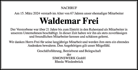 Traueranzeige von Waldemar Frei von Die Glocke