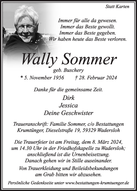 Traueranzeige von Wally Sommer von Die Glocke