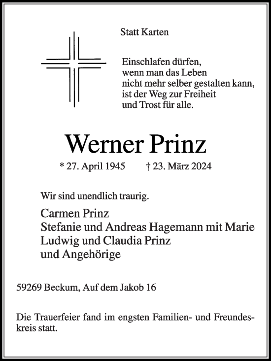 Traueranzeige von Werner Prinz von Die Glocke