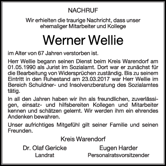 Traueranzeige von Werner Wellie von Die Glocke