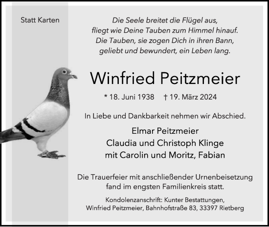 Traueranzeige von Winfried Peitzmeier von Die Glocke