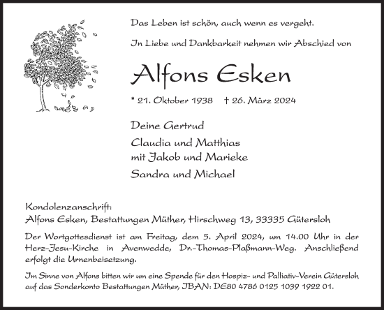 Traueranzeige von Alfons Esken von Die Glocke