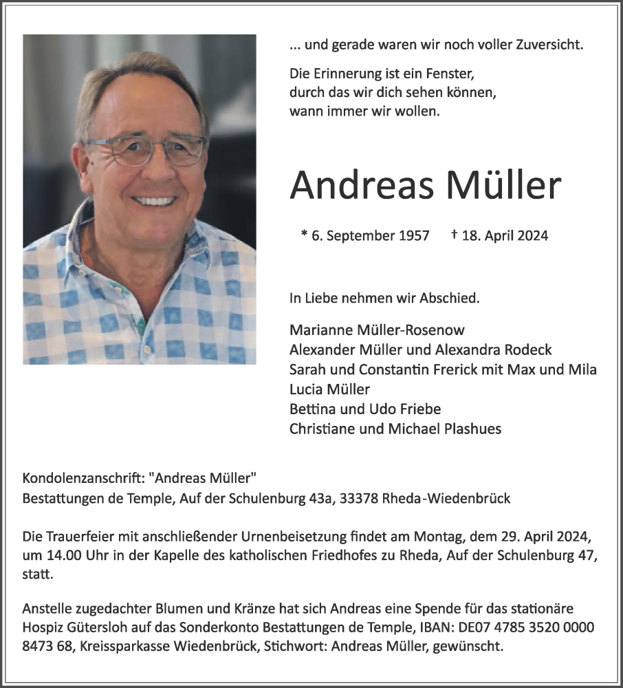 Traueranzeige für Andreas Müller vom 24.04.2024 aus Die Glocke