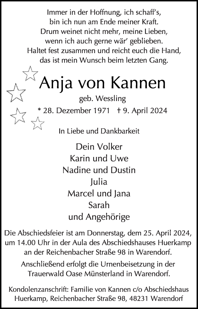  Traueranzeige für Anja von Kannen vom 20.04.2024 aus Die Glocke
