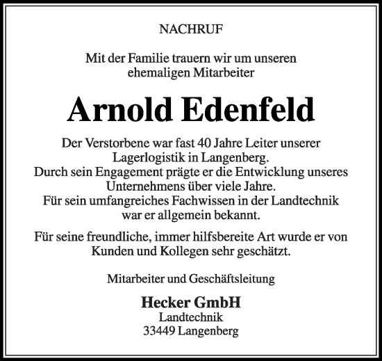 Traueranzeige von Arnold Edenfeld von Die Glocke