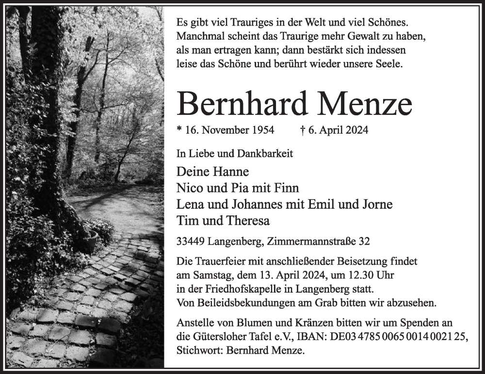  Traueranzeige für Bernhard Menze vom 10.04.2024 aus Die Glocke