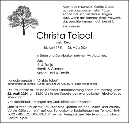 Traueranzeige von Christa Teipel von Die Glocke