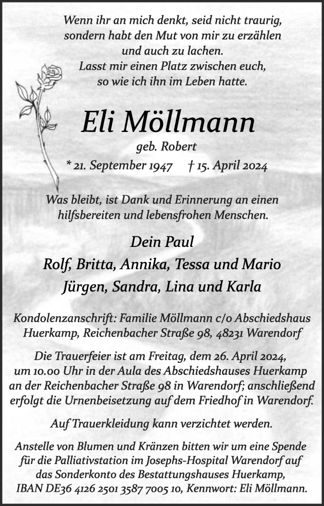  Traueranzeige für Eli Möllmann vom 20.04.2024 aus Die Glocke