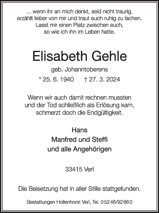 Traueranzeige von Elisabeth Gehle von Die Glocke