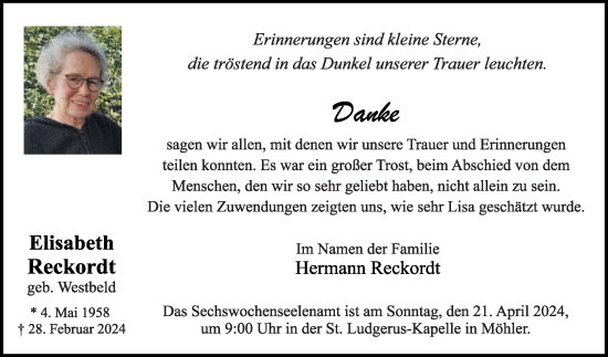 Traueranzeige von Elisabeth Reckordt von Die Glocke