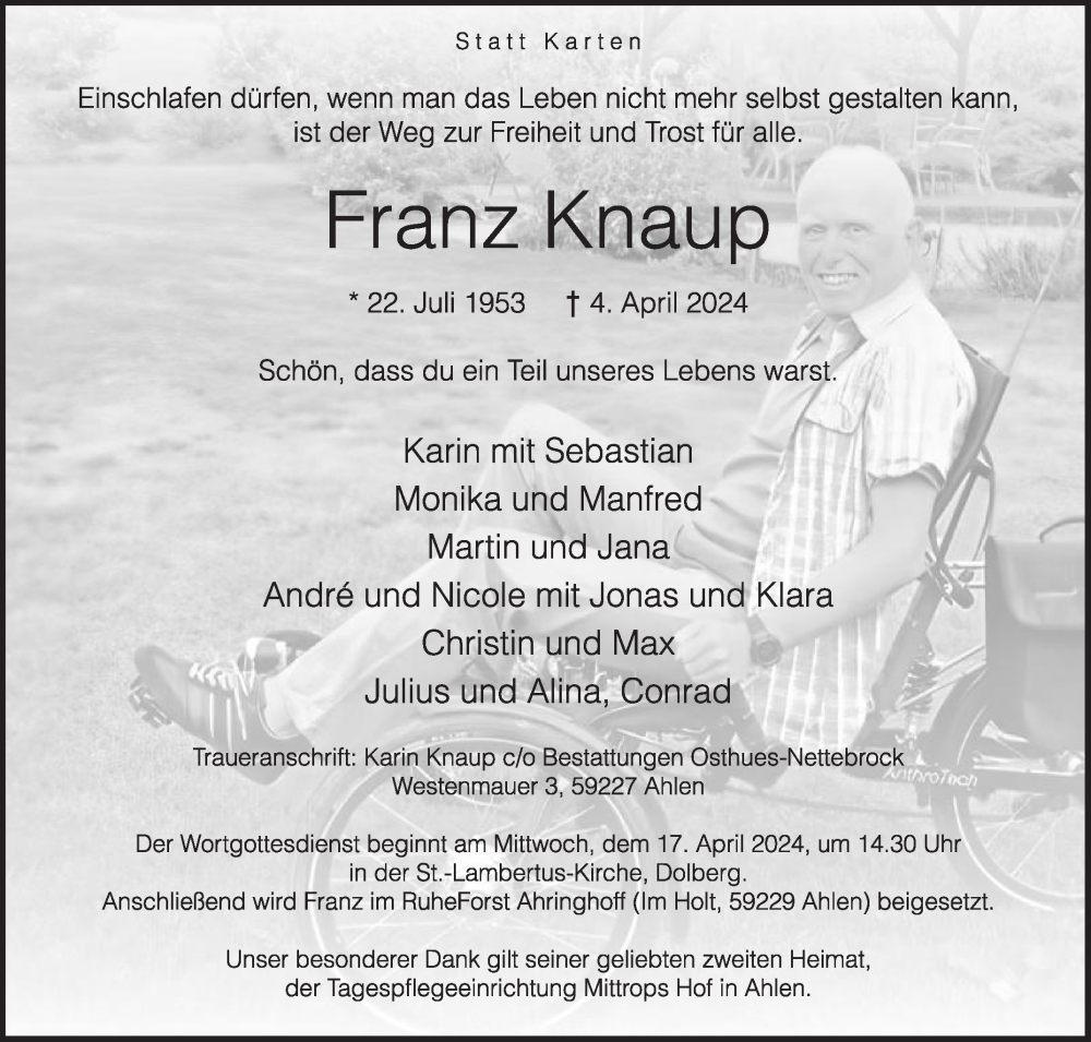  Traueranzeige für Franz Knaup vom 13.04.2024 aus Die Glocke