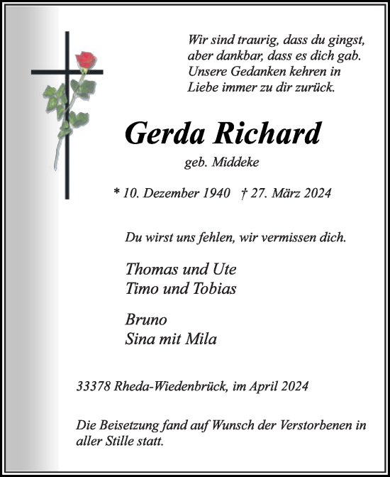 Traueranzeige von Gerda Richard von Die Glocke