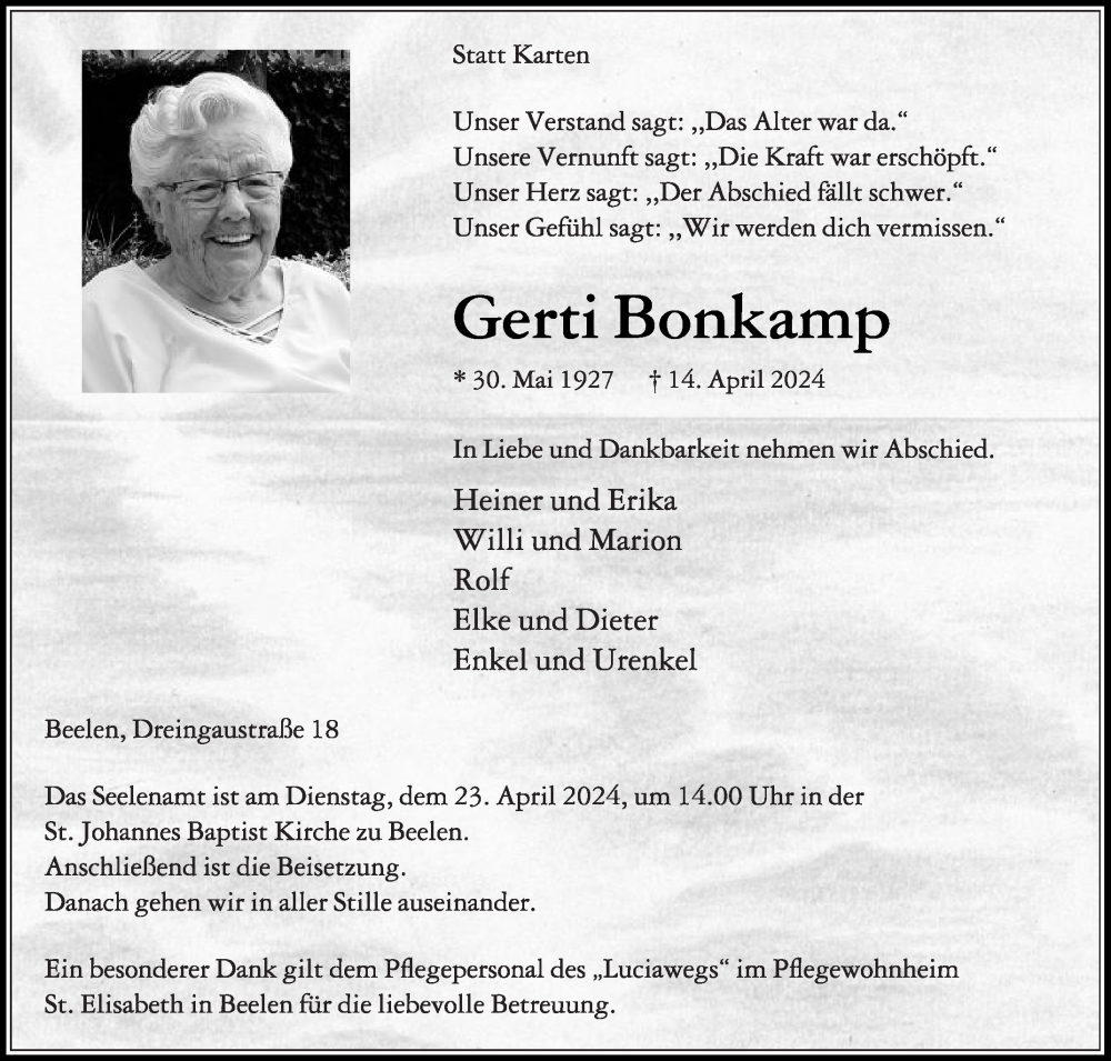  Traueranzeige für Gerti Bonkamp vom 17.04.2024 aus Die Glocke