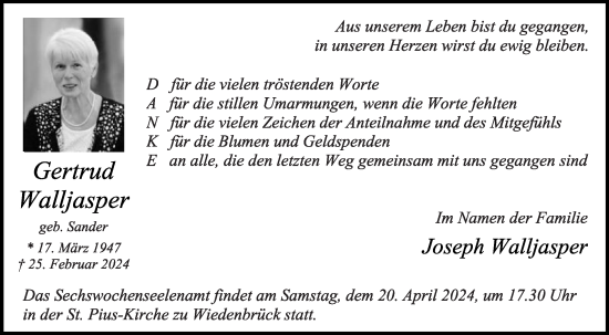 Traueranzeige von Gertrud Walljasper von Die Glocke