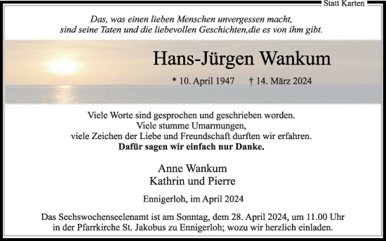 Traueranzeige von Hans-Jürgen Wankum von Die Glocke