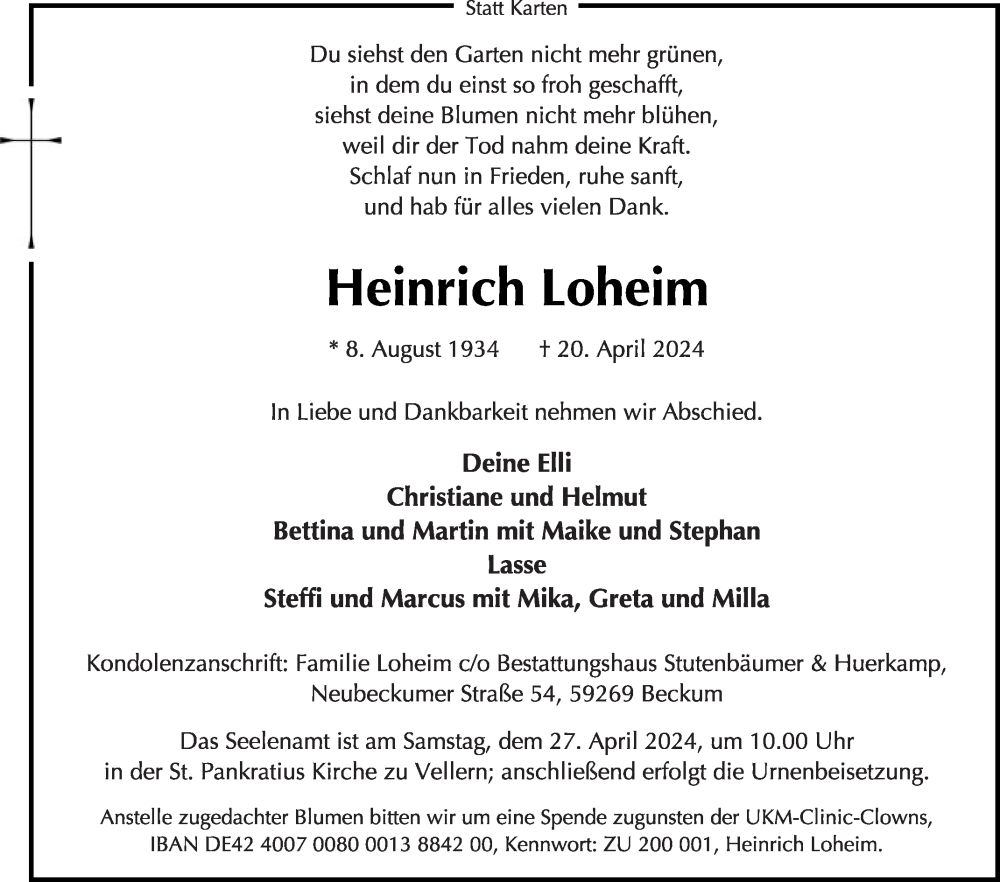  Traueranzeige für Heinrich Loheim vom 24.04.2024 aus Die Glocke