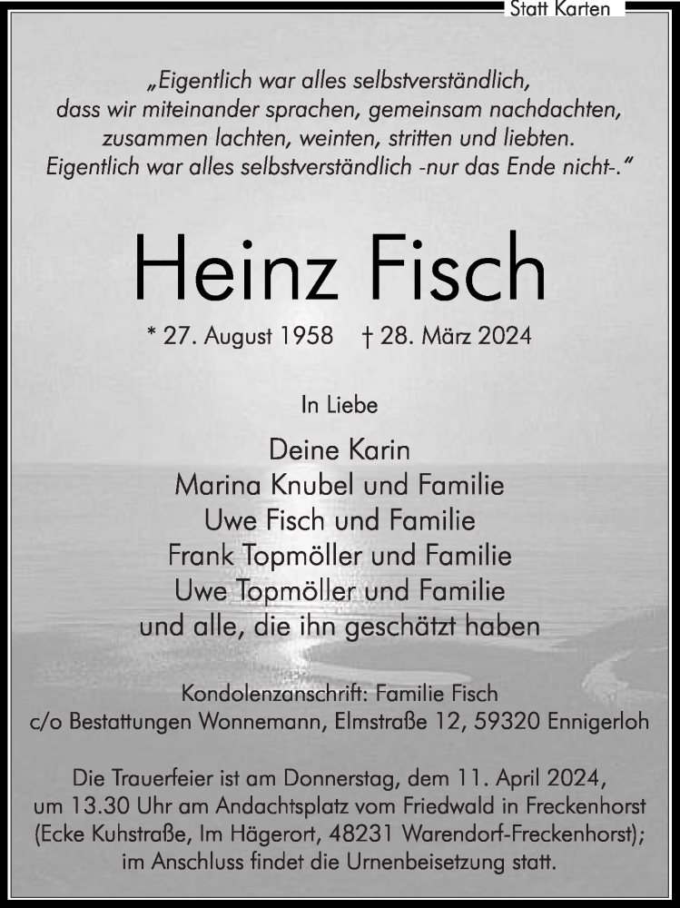  Traueranzeige für Heinz Fisch vom 06.04.2024 aus Die Glocke