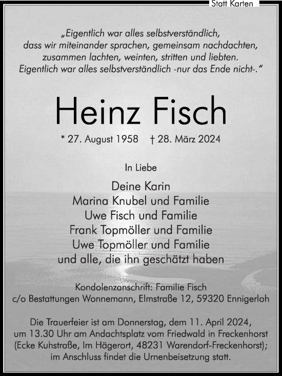 Traueranzeige von Heinz Fisch von Die Glocke