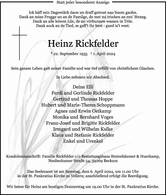 Traueranzeige von Heinz Rickfelder von Die Glocke