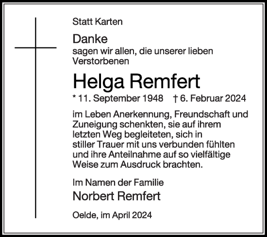 Traueranzeige von Helga Remfert von Die Glocke