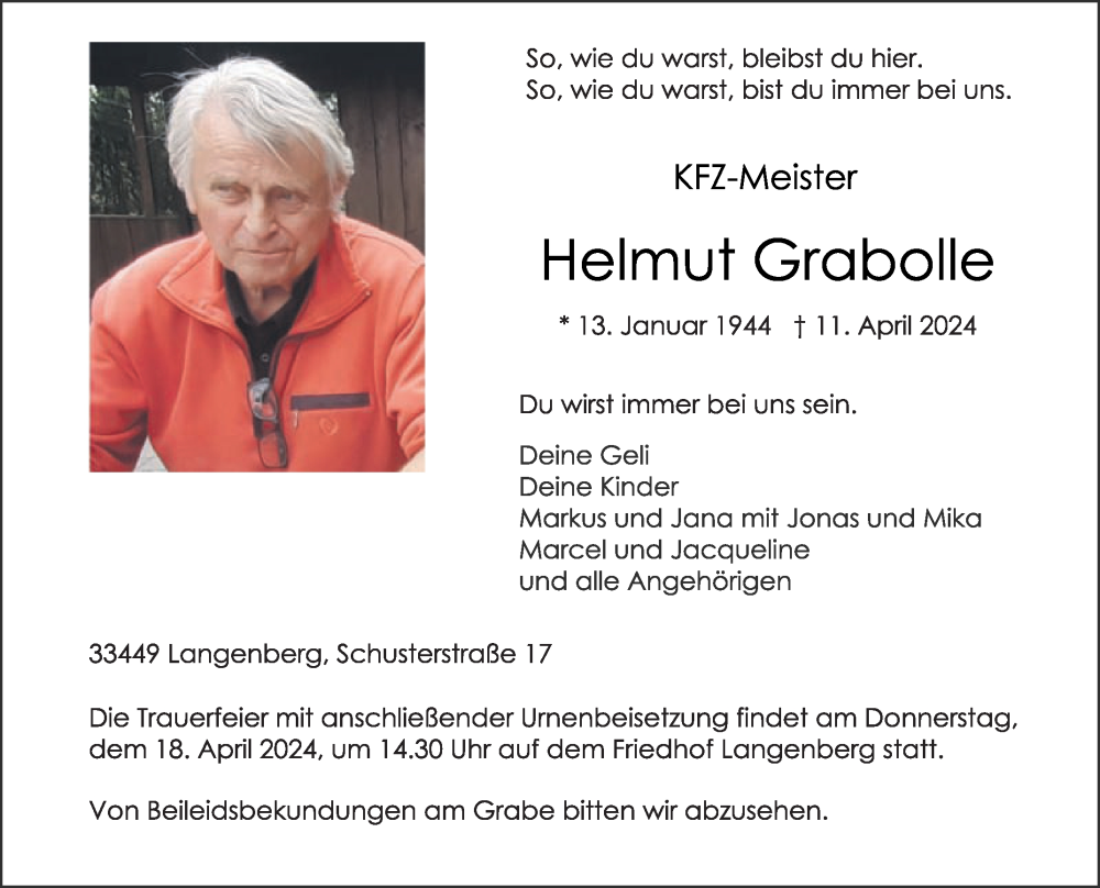  Traueranzeige für Helmut Grabolle vom 15.04.2024 aus Die Glocke