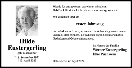 Traueranzeige von Hilde Eustergerling von Die Glocke