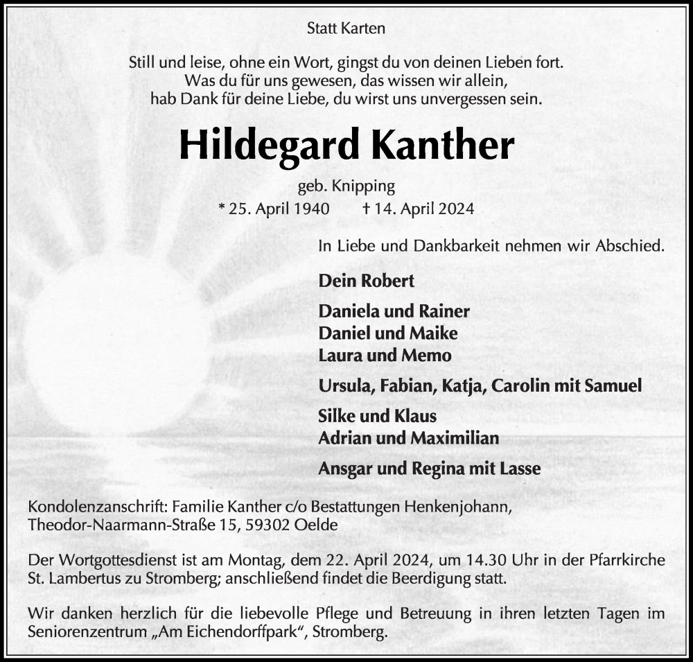  Traueranzeige für Hildegard Kanther vom 17.04.2024 aus Die Glocke