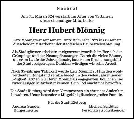 Traueranzeige von Hubert Mönnig von Die Glocke