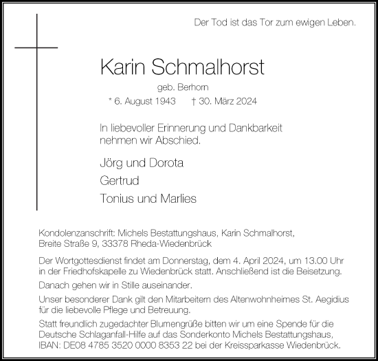 Traueranzeige von Karin Schmalhorst von Die Glocke