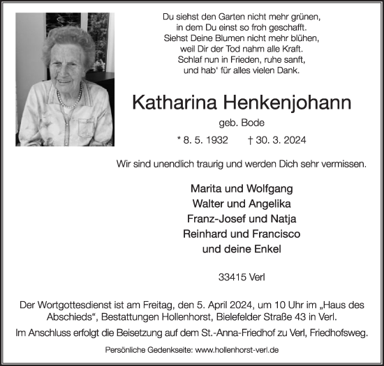 Traueranzeige von Katharina Henkenjohann von Die Glocke