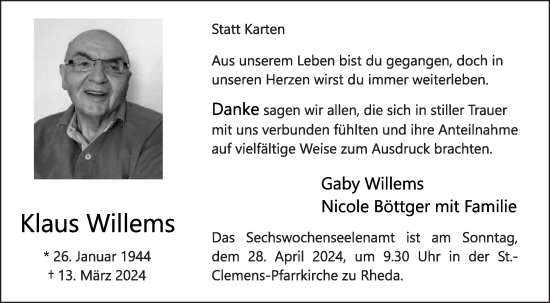 Traueranzeige von Klaus Willems von Die Glocke