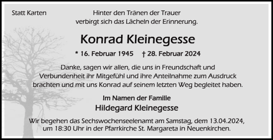 Traueranzeige von Konrad Kleinegesse von Die Glocke