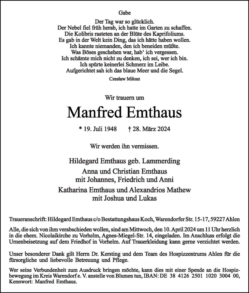  Traueranzeige für Manfred Emthaus vom 03.04.2024 aus Die Glocke