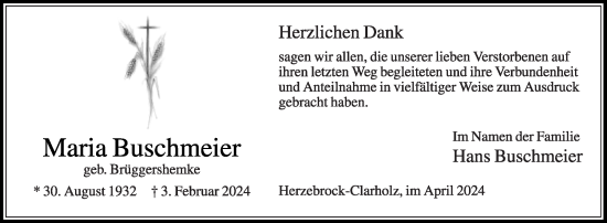 Traueranzeige von Maria Buschmeier von Die Glocke