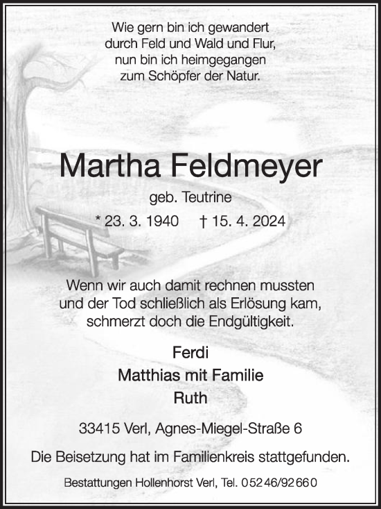 Traueranzeige von Martha Feldmeyer von Die Glocke