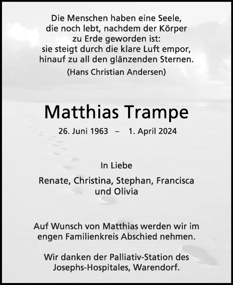  Traueranzeige für Matthias Trampe vom 10.04.2024 aus Die Glocke