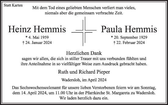 Traueranzeige von Paula Hemmis von Die Glocke