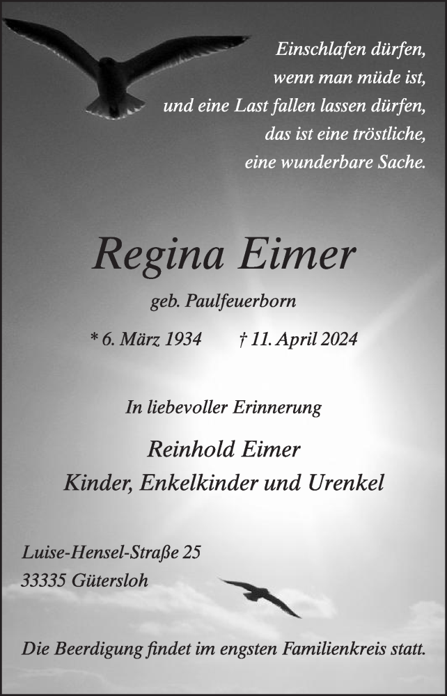 Traueranzeige für Regina Eimer vom 13.04.2024 aus Die Glocke