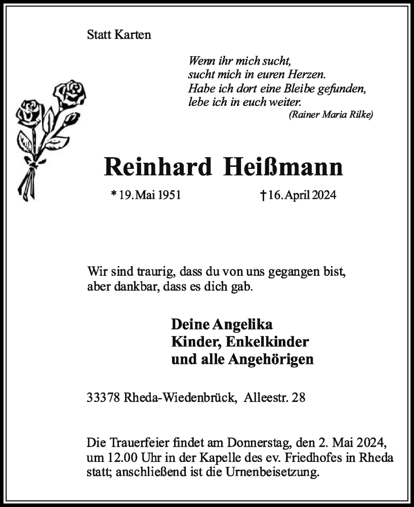  Traueranzeige für Reinhard Heißmann vom 27.04.2024 aus Die Glocke